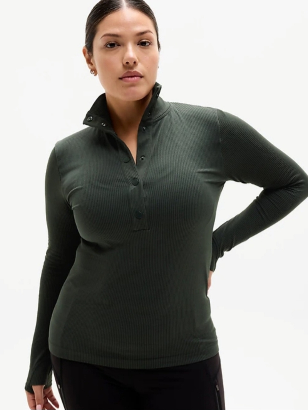 Athleta Flurry Insulated Long Sleeve Ribbed Pullover Top in Olive Green